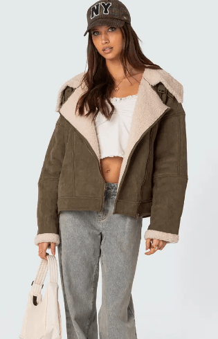 Women's Suede Shearling Leather Jacket In Khaki