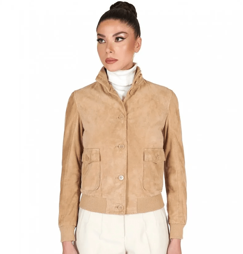 Women's Suede Trucker Leather Bomber Jacket In Tan Brown