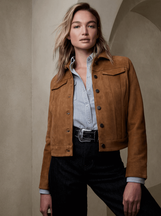Women's Suede Trucker Leather Jacket In Brown