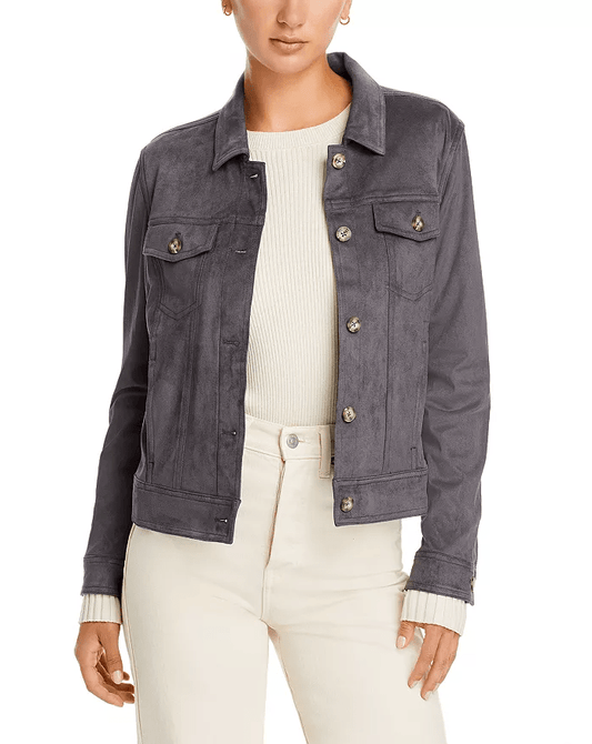 Women's Suede Trucker Leather Jacket In Gray