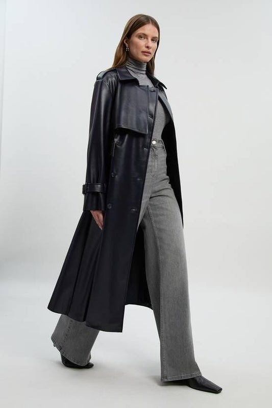 Women's Trench Black Leather Coat With Belted Waist - Arcane Fox