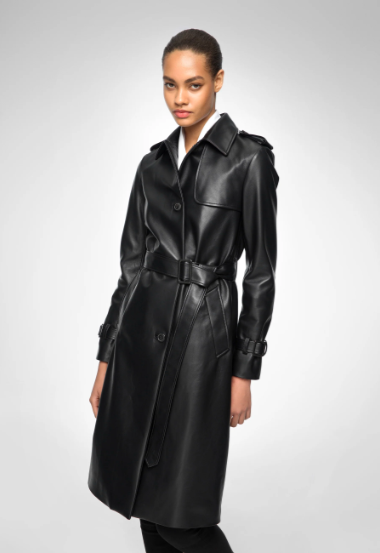 Women's Trench Leather Coat In Black With Belted Waist