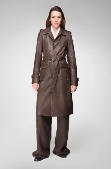 Women's Trench Leather Coat In Coffee Brown