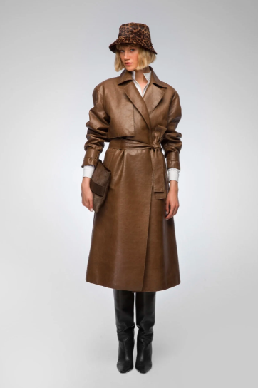 Women's Trench Leather Coat In Dark Brown With Belted Waist