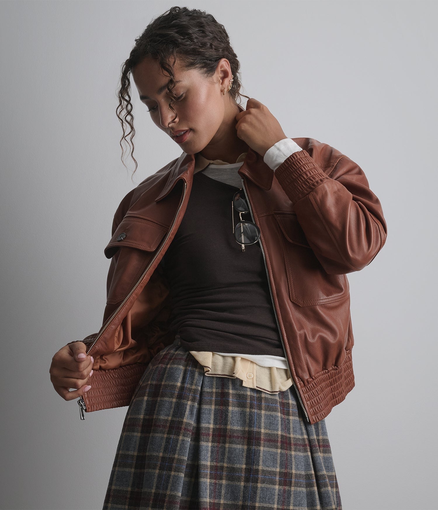Women's Trucker Bomber Leather Jacket In Brown - Arcane Fox