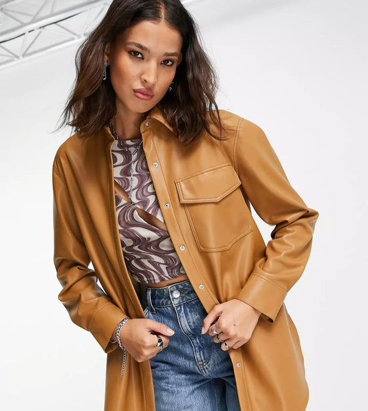 Women's Trucker Leather Shirt In Brown