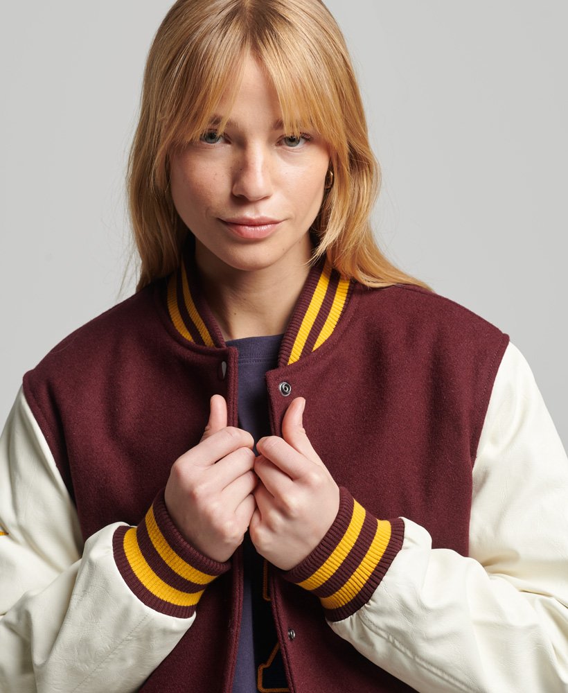Women's Varsity Bomber Leather Jacket In Maroon & White Sleeves