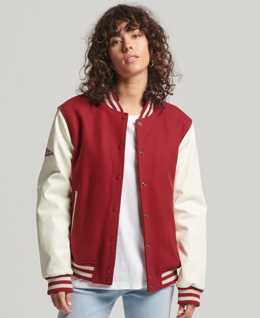 Women's Varsity Bomber Leather Jacket In Red & White Sleeves