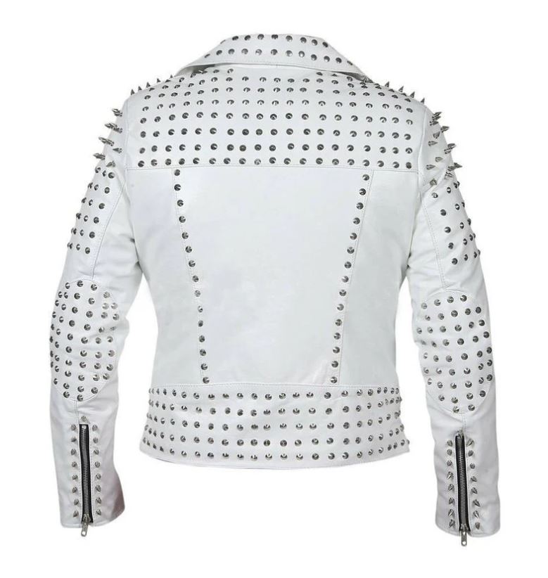 Women's White Belted Studded Leather Jacket