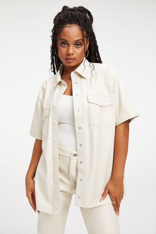 Women's White Leather Trucker Shirt In Half Sleeve