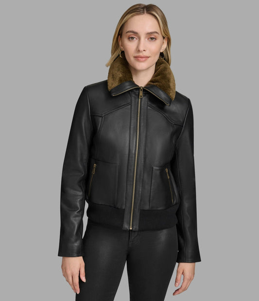Women's Black Shearling Leather Jacket With Turn Down Collar