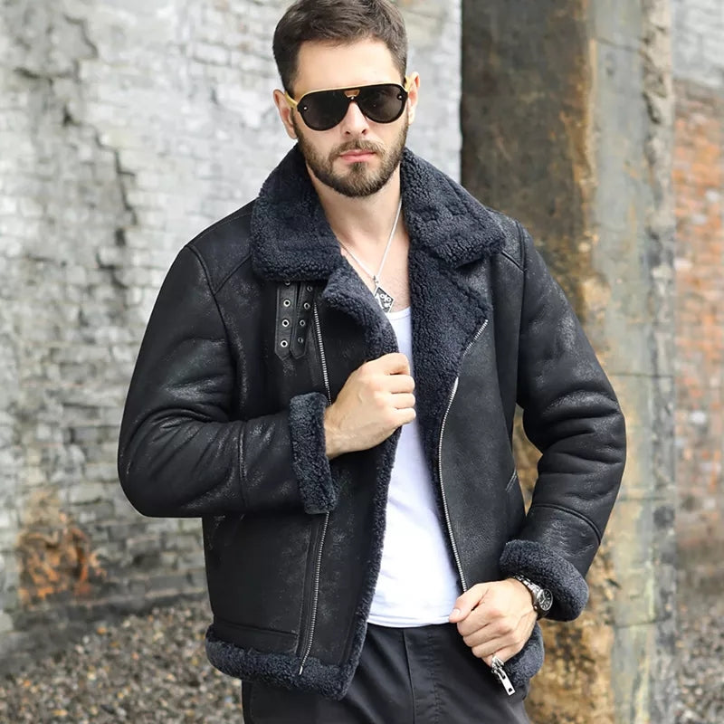 Men's B3 Shearling Biker Black Leather Jacket