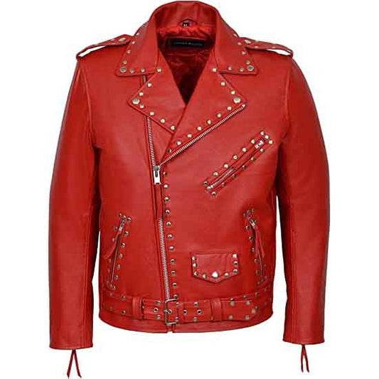 Arcane Fox - Men's Belted Biker Studded Leather Jacket In Red