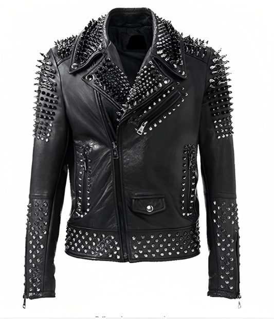 Men's Biker Punk Leather Jacket In Black