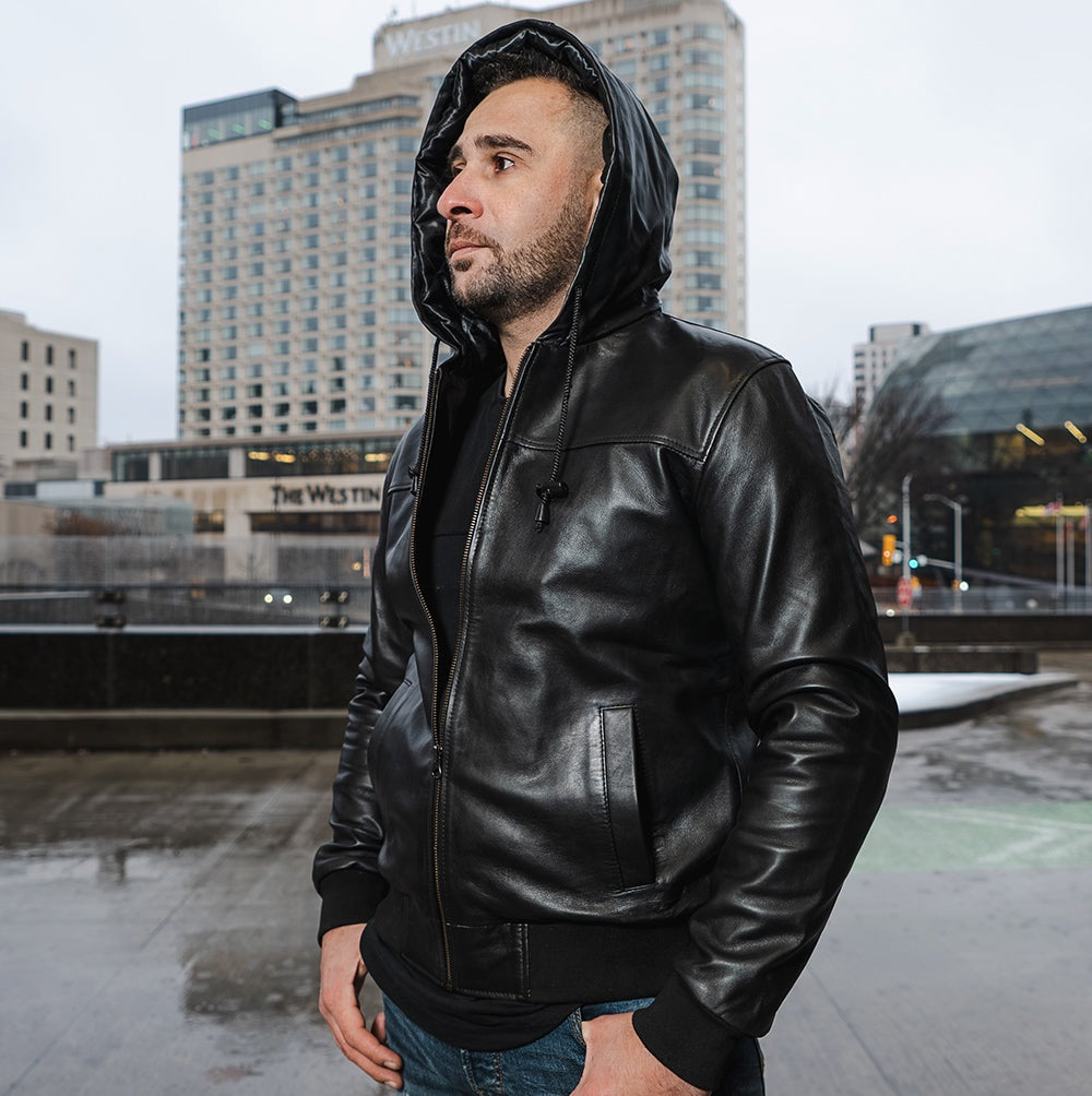 Men's Black Bomber Hooded Leather Jacket