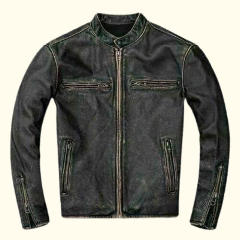 Men's Black Cafe Racer Distressed Leather Jacket