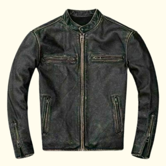 Men's Black Cafe Racer Distressed Leather Jacket