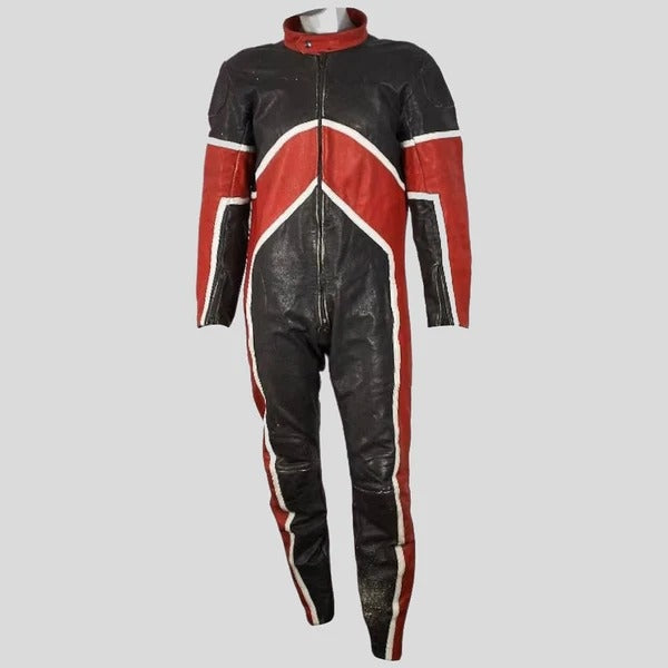 Men's Black & Red Biker Leather Jumpsuit