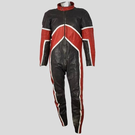Men's Black & Red Biker Leather Jumpsuit