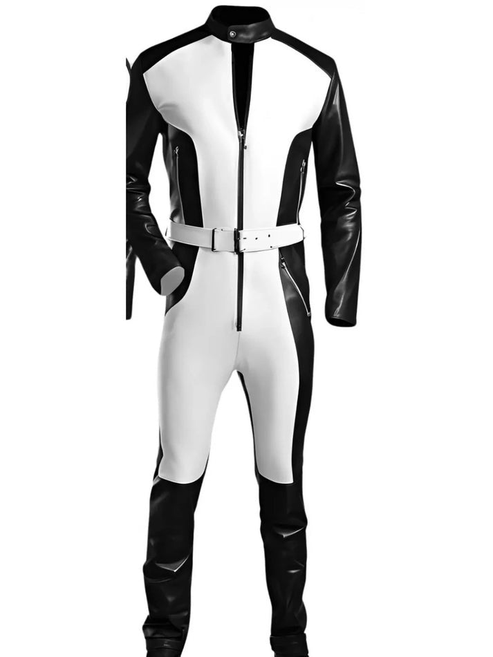 Men's Black & White Biker Leather Jumpsuit