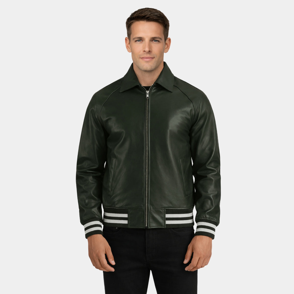 Men's Bomber Dark Green Leather Jacket