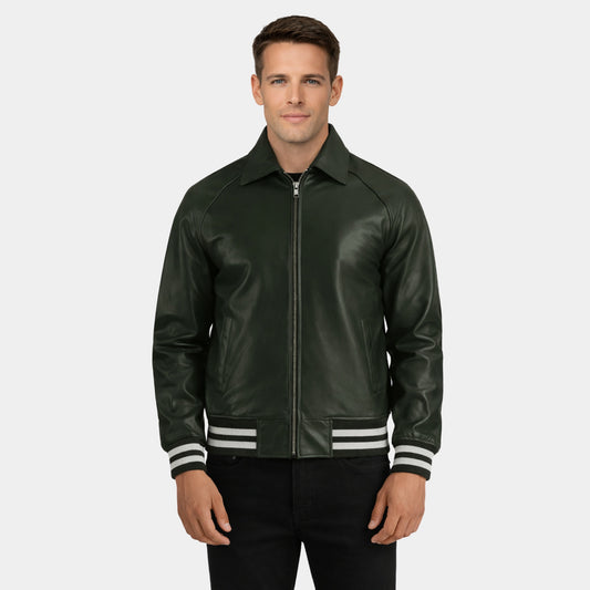 Men's Bomber Dark Green Leather Jacket