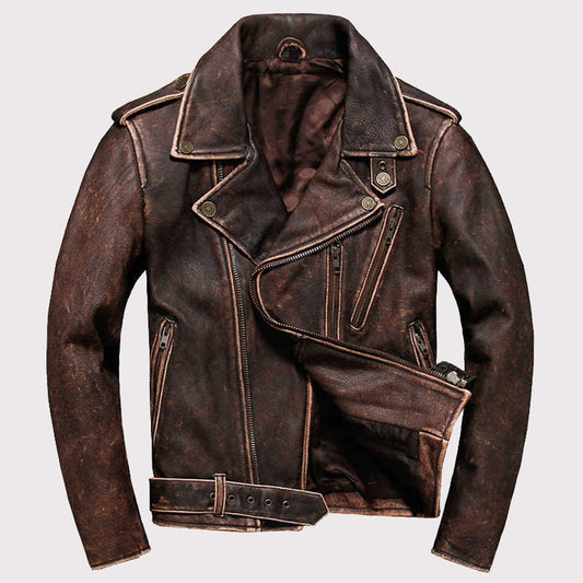 Men's Dark Brown Belted Distressed Biker Leather Jacket