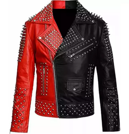 Men's Dual Color Studded Biker Leather Jacket In Black & Red