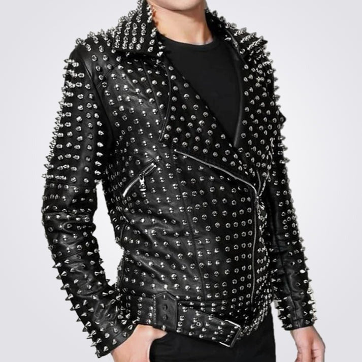 Men's Fully Studded Black Leather Jacket With Belt