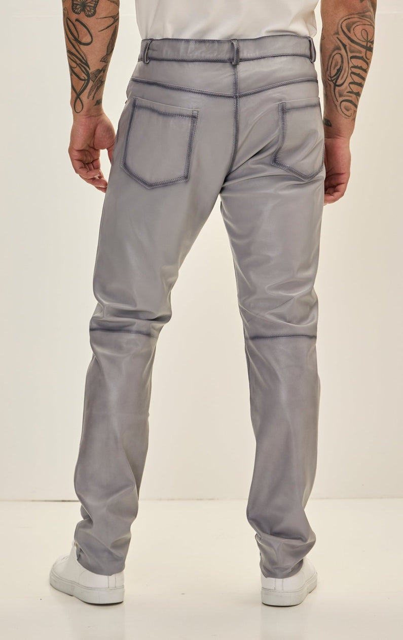 Men's Gray Biker Leather Pant