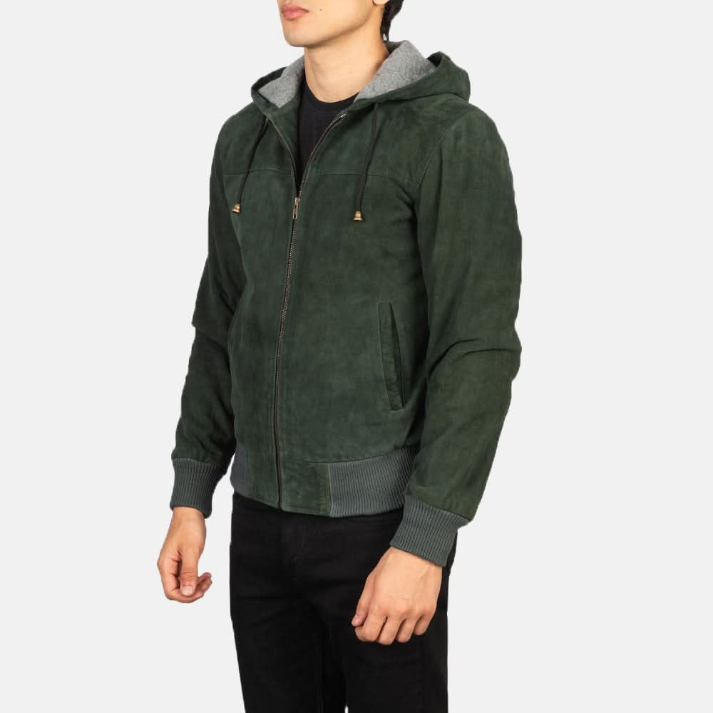 Men's Green Suede Hooded Leather Jacket