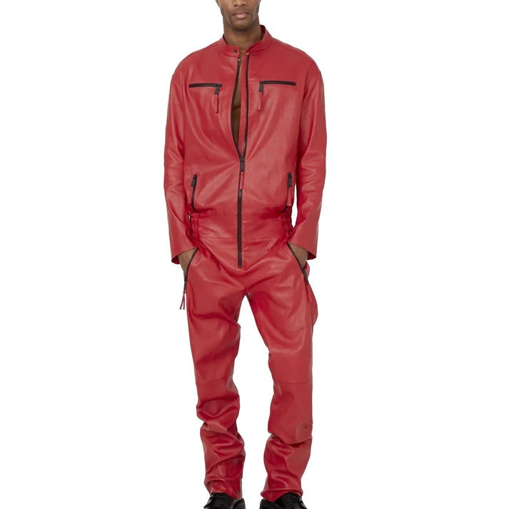 Men's Red Leather Biker Jumpsuit