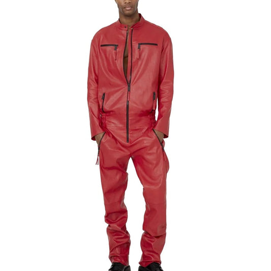Men's Red Leather Biker Jumpsuit