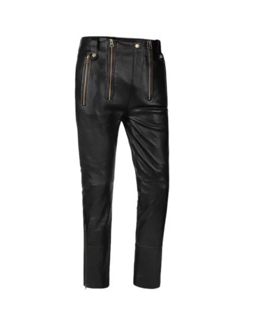 Men's Skinny Black Leather Pant With Golden Zip