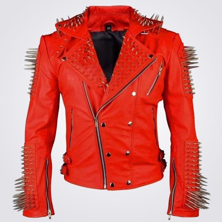 Arane Fox - Men's Spiked Punk Leather Jacket In Red