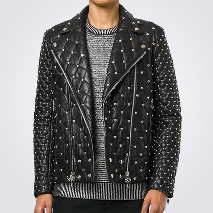 Men's Studded Quilted Black Leather Jacket