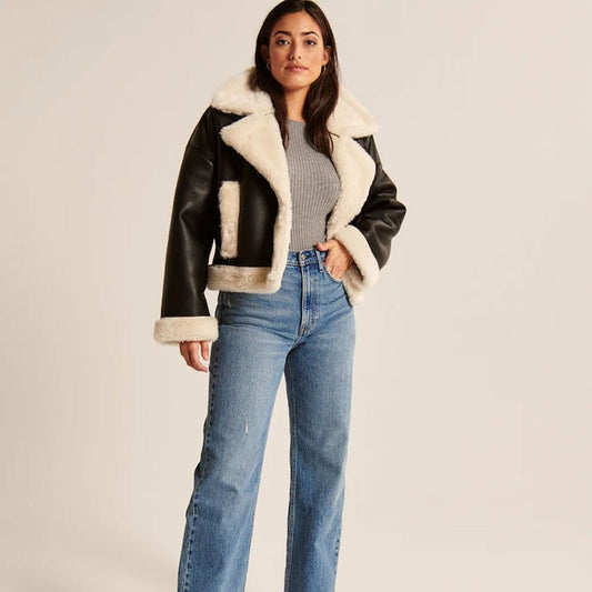 Arcane Fox - Women's B3 Cropped Shearling Leather Jacket In Black