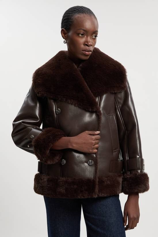 Women's B7 Shearling Chocolate Brown Leather Jacket With Oversized Collar