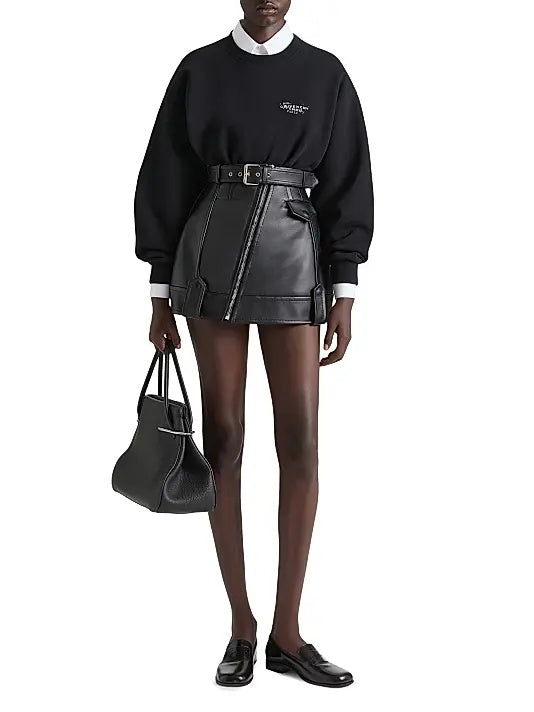 Women's Belted Black Leather Skirt