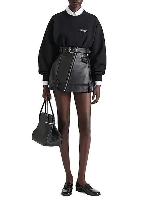 Women's Belted Black Leather Skirt