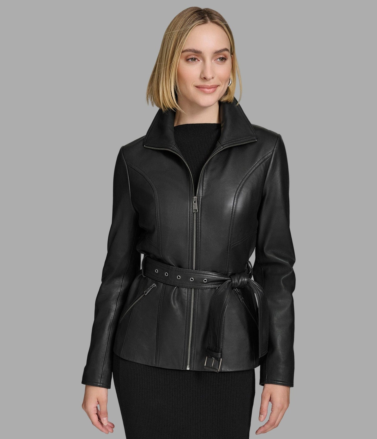 Women's Belted Scuba Black Leather Jacket - Arcane Fox