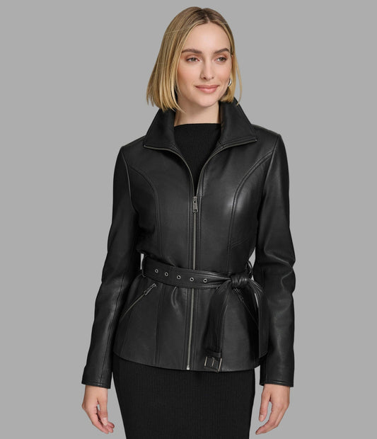 Women's Belted Scuba Black Leather Jacket - Arcane Fox