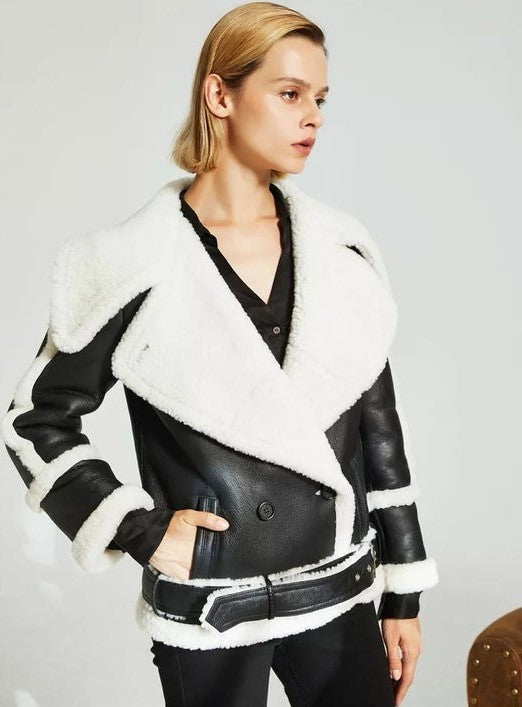 Arcane Fox - Women's Belted Sheepskin Leather Jacket In Black