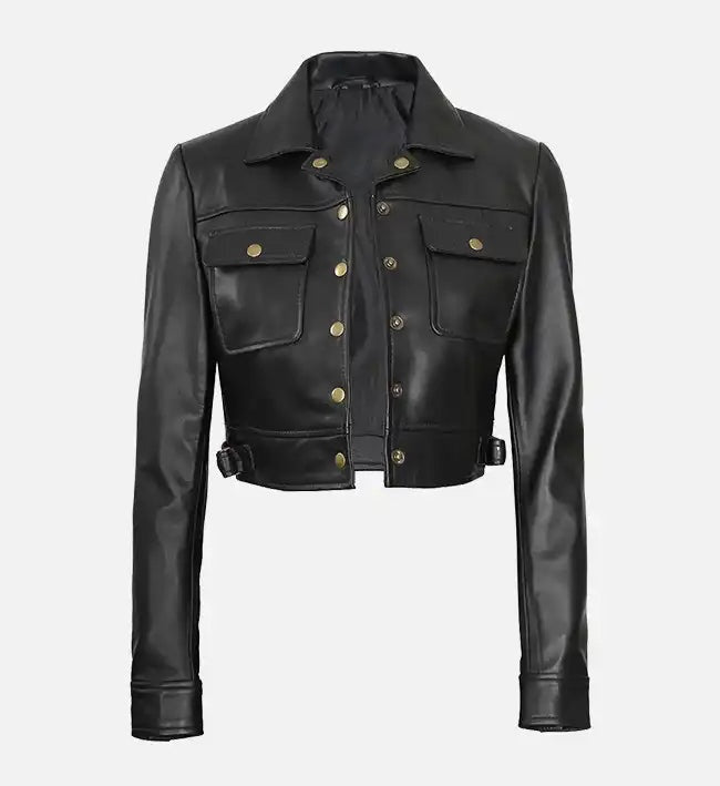 Women's Black Cropped Trucker Leather Jacket