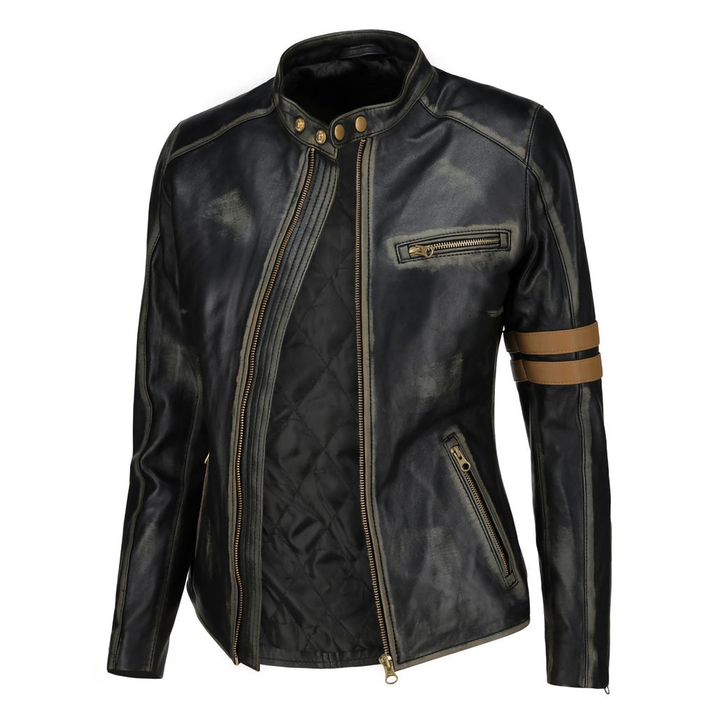 Women's Black Distressed Motorcycle Leather Jacket
