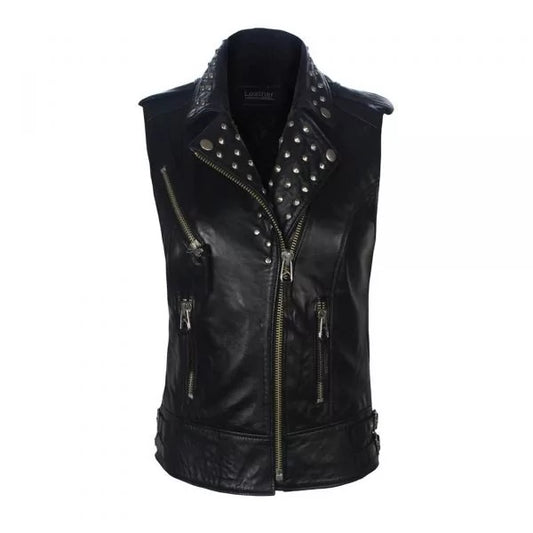 Women's Black Studded Biker Leather Vest