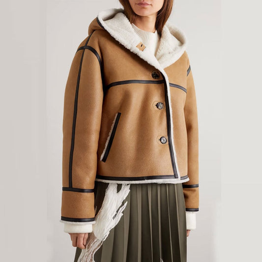 Women's Brown Hooded Fur Leather Jacket