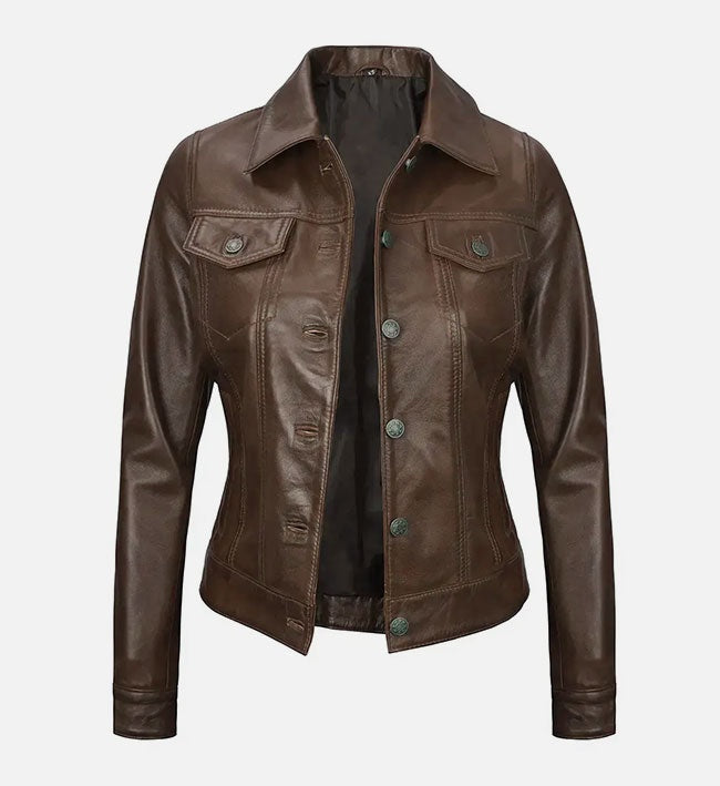 Women's Chocolate Brown Trucker Leather Jacket