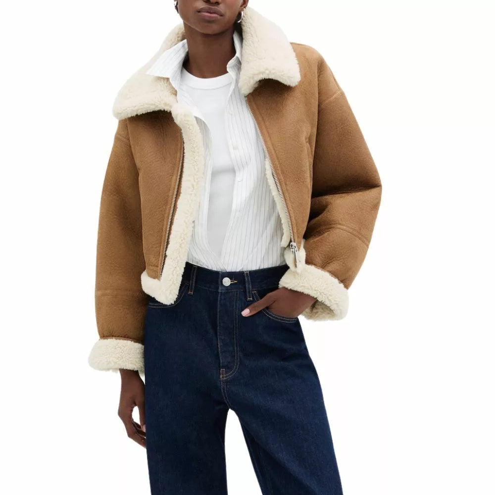 Women's Cropped Fur B7 Brown Leather Jacket
