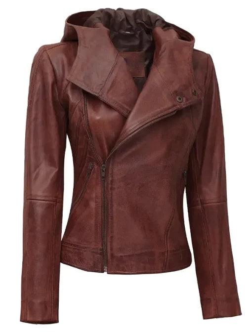 Women's Dark Brown Biker Hooded Leather Jacket